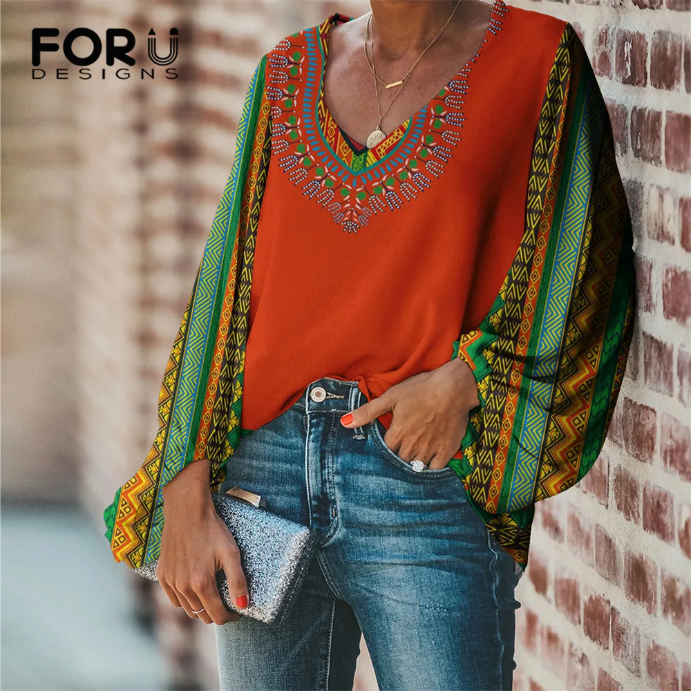

FORUDESIGNS Vintage African Tirbe Colors Long Sleeved Blouses Womens Spring/Autumn Loose Shirts for Teen Girls 2021 Blusas Mujer