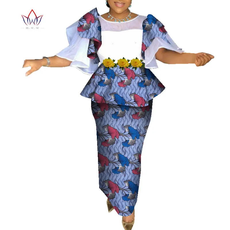 

African Print Short Sleeve Tops and Skirt Sets for Women Bazin Riche African Women Clothing Lady 2 Pieces Skirts Sets WY7213