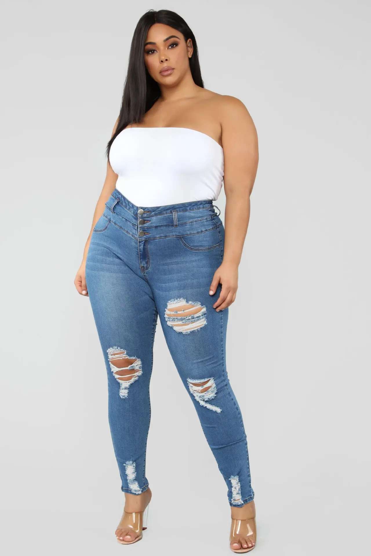 

Plus size women's ripped high waist stretch jeans