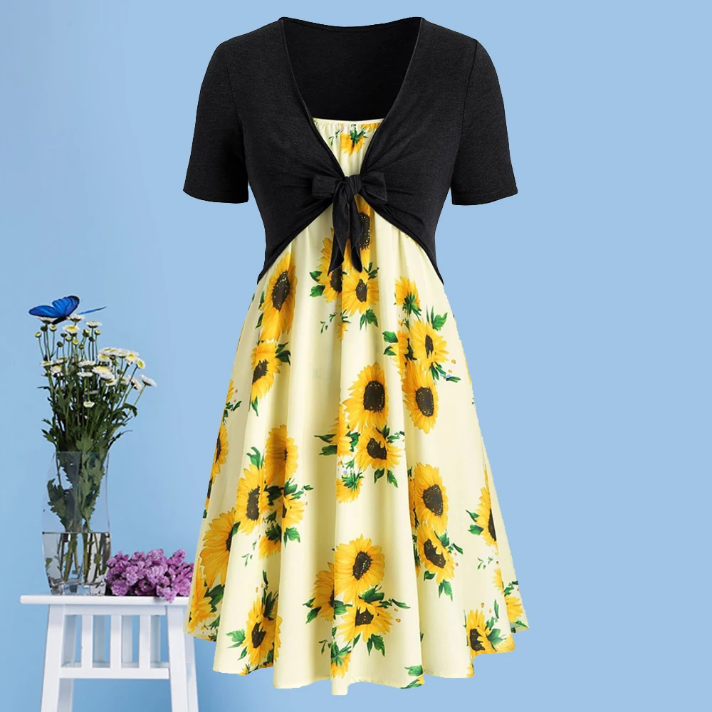 Платье мини с коротким рукавом и принтом подсолнухов|Женские платья| |