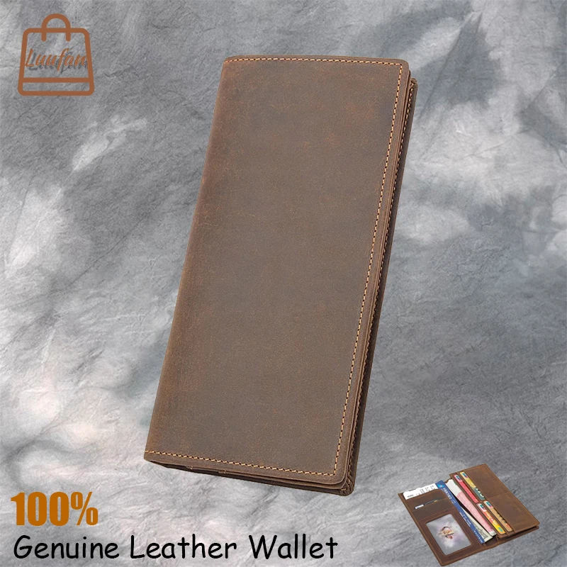 

Высококачественный модный мужской кошелек Luufan из кожи Crazy Horse с окошком, держатель для карт, Длинный кошелек для мужчин, коричневая модель 2021...
