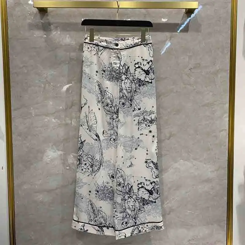 Sets Women's Pajama 2021 Spring Summer Ladies Satin Suit Bird Print Long-sleeved Lapel Shirt Straight Trousers Suit