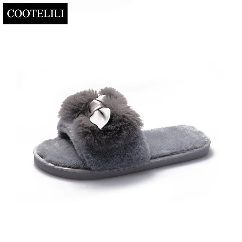

COOTELILI Woman Slippers Winter Shoes For Women New Fashion Faux Fur Flat Heel Slippers Women Shoes Bow Decoration Basic 36-41