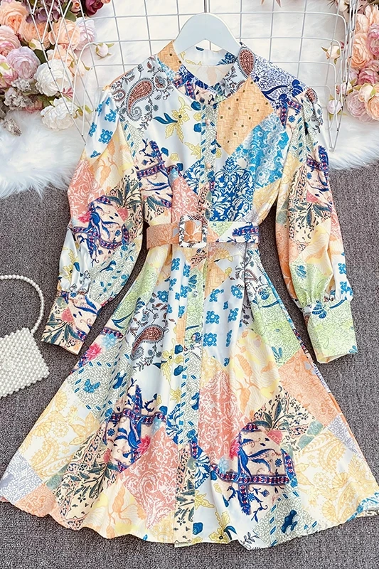 

2021 New Spring Autumn Temperament All-match stand collar print Dress lace up waist slim sashes Dress