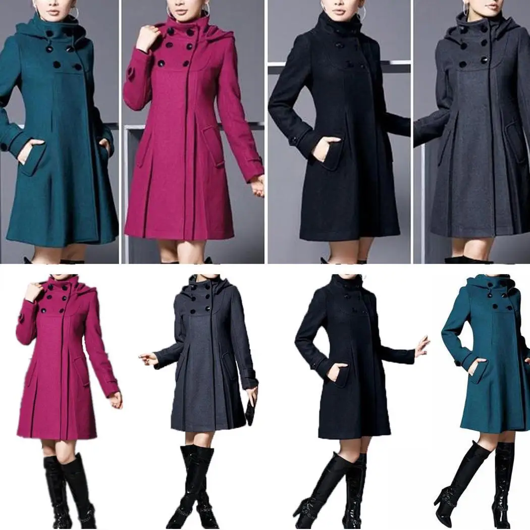 

Women Fashion Woolen Coat Jacket Medium Warm Causal Long Multi-size A-line Slim Coat Casual, Office Solid