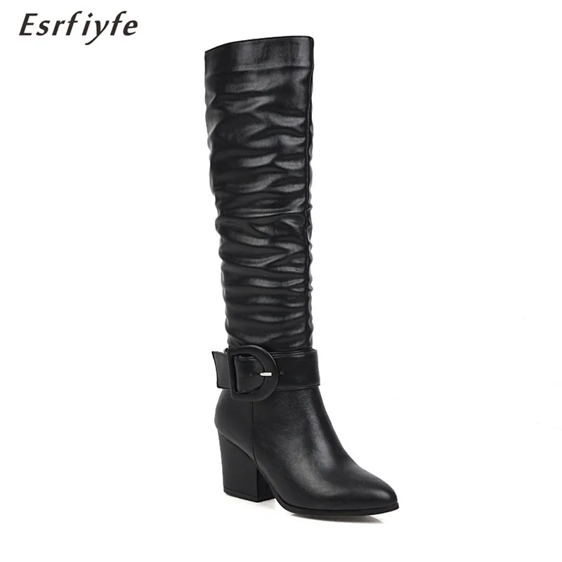 

ESRFIYFE Fashion High Heels Women Knee High Boots Pu Leather Office Ladies Dress Shoes Autumn Winter Boots Woman Big Size 34-46