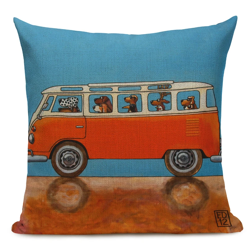 Hot Sale Pillow Lovely Cartoon Dog Cat Color Driving Car Vintage Almofadas 45X45CM Linen Pillow Decorative Linen Cushion Cover