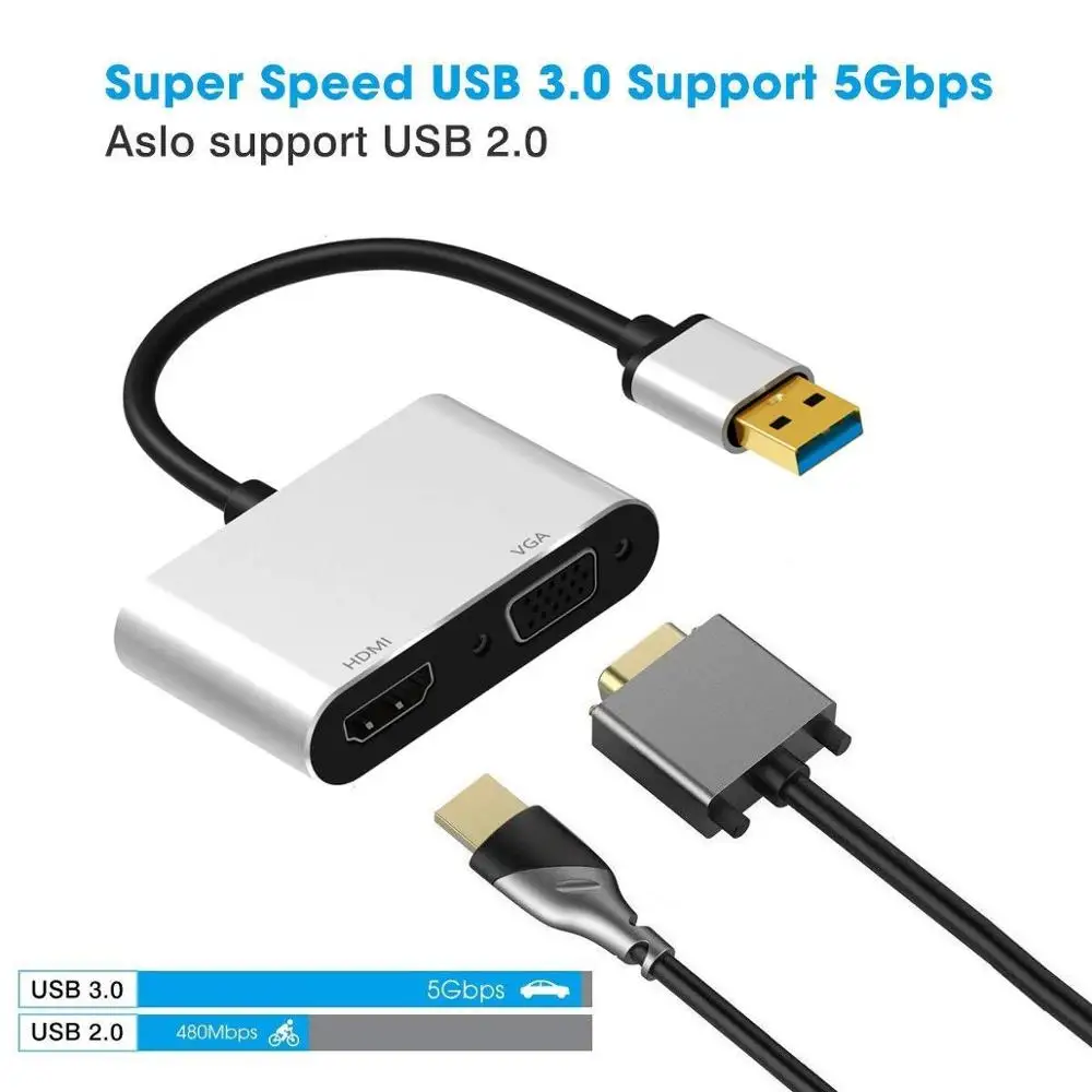 KuWFi USB 3 0 адаптер USB3.0 к HDMI VGA с двойным выходом HD 1080P конвертер кабель для