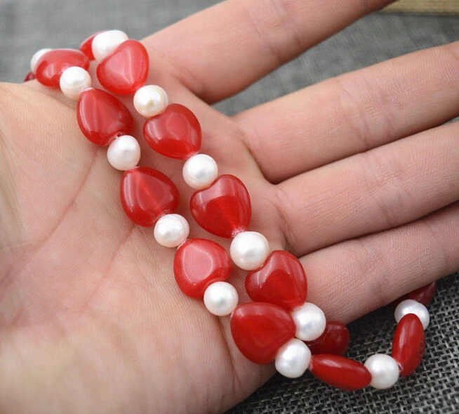 917+++New 7-8mm Natural White akoya Pearl + Red Ruby 12mm Love Necklace 18 | Украшения и аксессуары