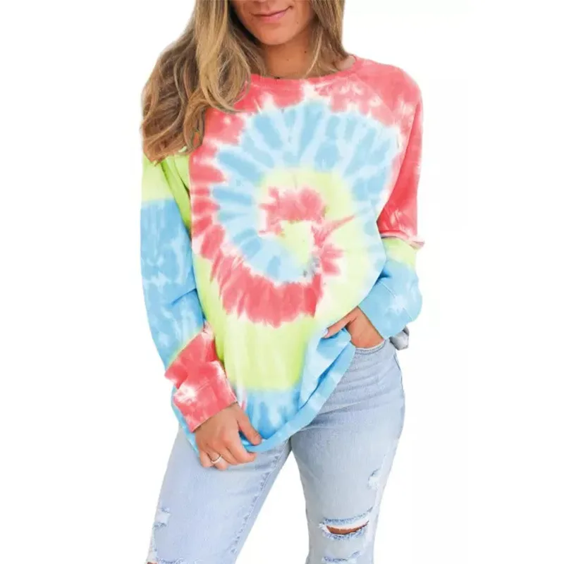 

Loose Gradient Color Tie-Dye Long-Sleeve Pullover Women's T-Shirt Tops Autumn And Winter New Irregular Printing O-Neck Women Top