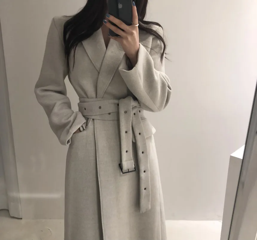Hebaoli new fashion korean chic vintage style elegant lace up waistband slim long winter windbreaker woolen coat western women