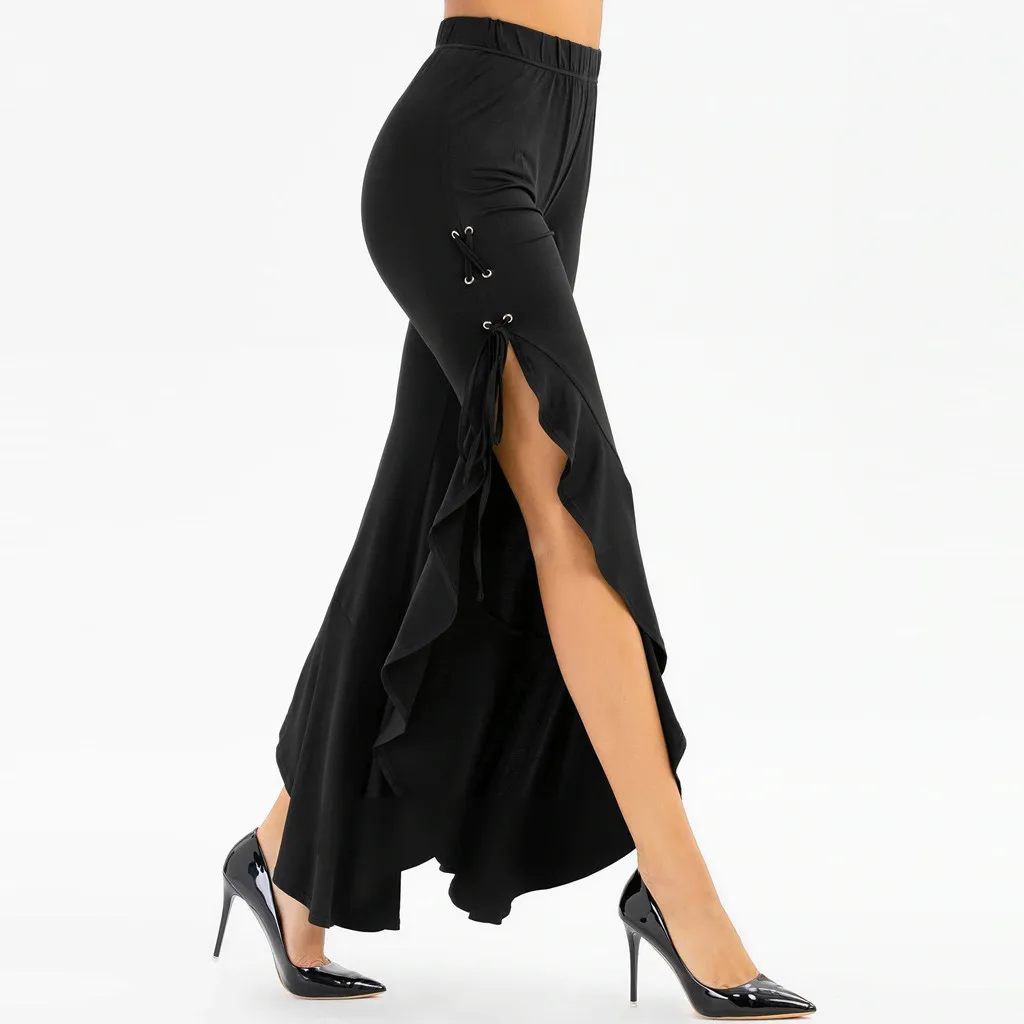 Женские брюки со шнуровкой с Боковым Разрезом и оборками расклешенные длинные