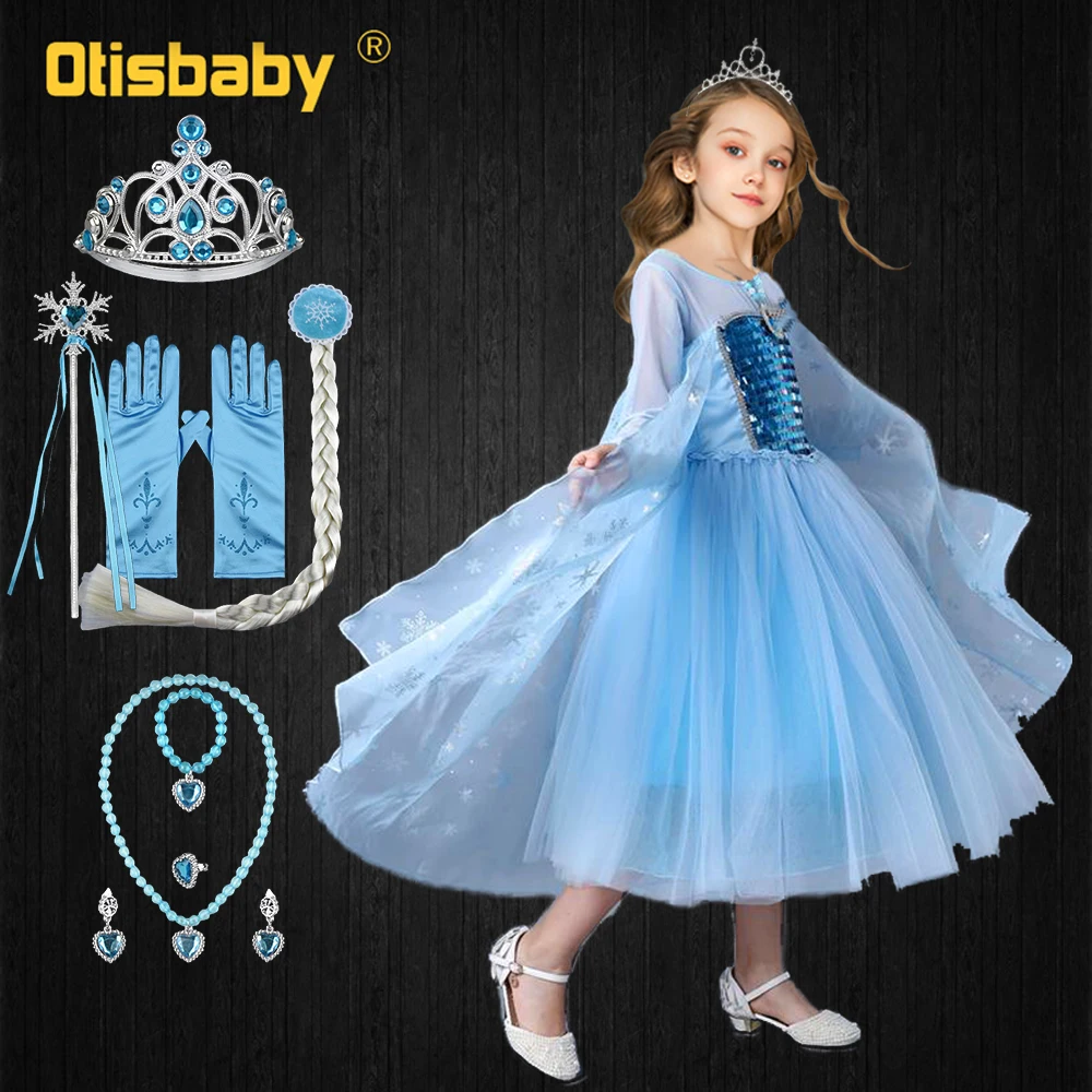 

Костюм Эльзы для девочек, голубое платье принцессы Снежной королевы с длинным хвостом, для Хэллоуина, Рождества, вечеринки, с блестками, кос...