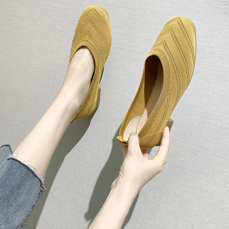 

Square-toe loafers 2021summer and autumn low-heeled shoes knitted fabric slip-on square-toe thick-heel casual shoes Heeled shoes