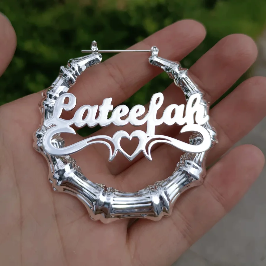Large Bamboo Earrings Party Name Earrings Personalized Bamboo Heart Hoop Earring Brincos Customize Name Earring Polplar Cережки
