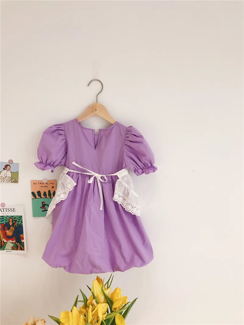 Korean Style New 2020 Summer Baby Girls Violet Princess Dresses Puff Sleeve Retro Lace Apron Maid Costumes Toddlers Kids Dress | Детская