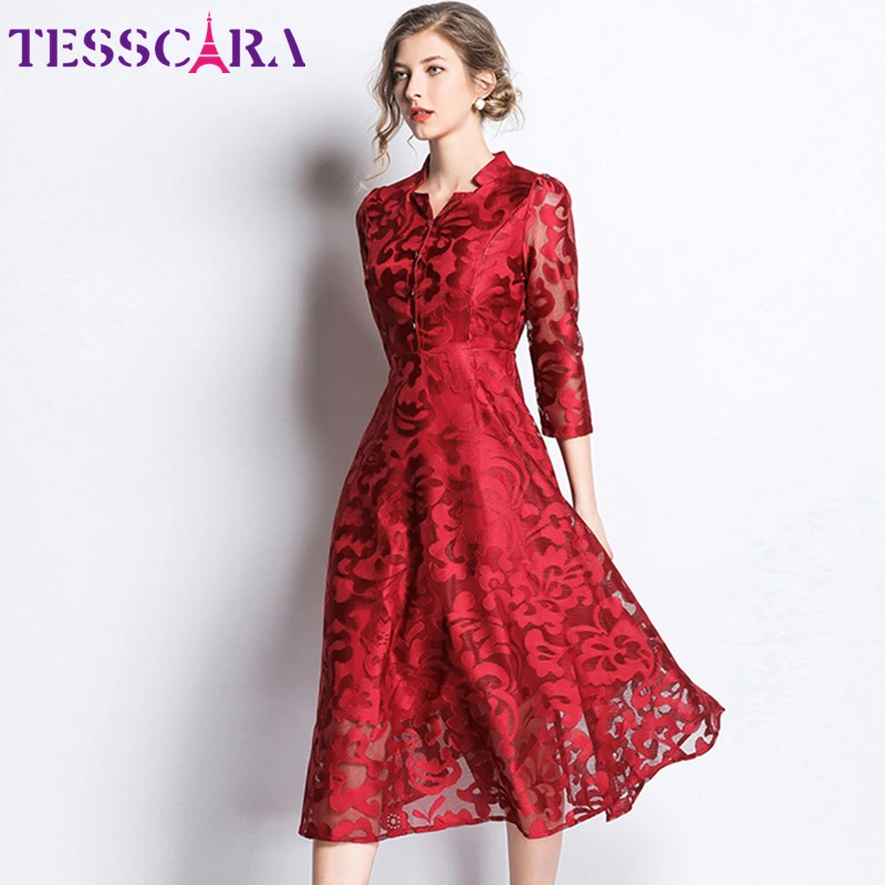 TESSCARA, женское весенне-осеннее элегантное кружевное платье, рубашка для женщин, высокое качество, Винтажный дизайн, красные платья, Длинные офисные вечерние платья