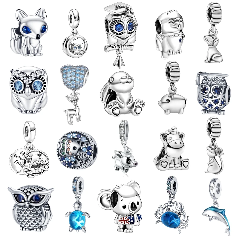 

100% 925 Sterling Silver Dog Fox Owl Animal Charms Blue CZ Charms Bead Fit For Pandora Bracelet DIY Jewelry Making Original
