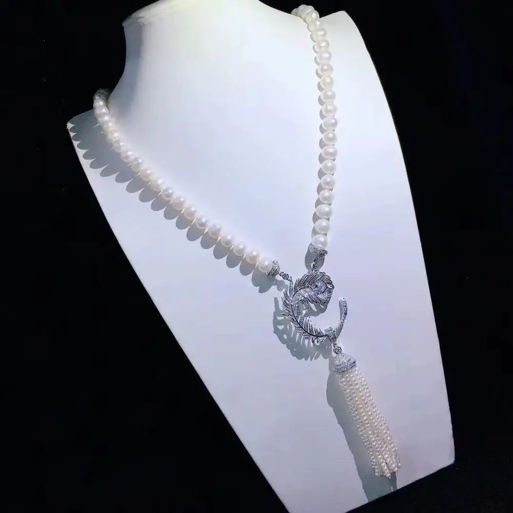 

Swan Feather Zircon Tassel Bright Pendant Freshwater Pearl Necklace Female Party Jewelry Holiday Gift