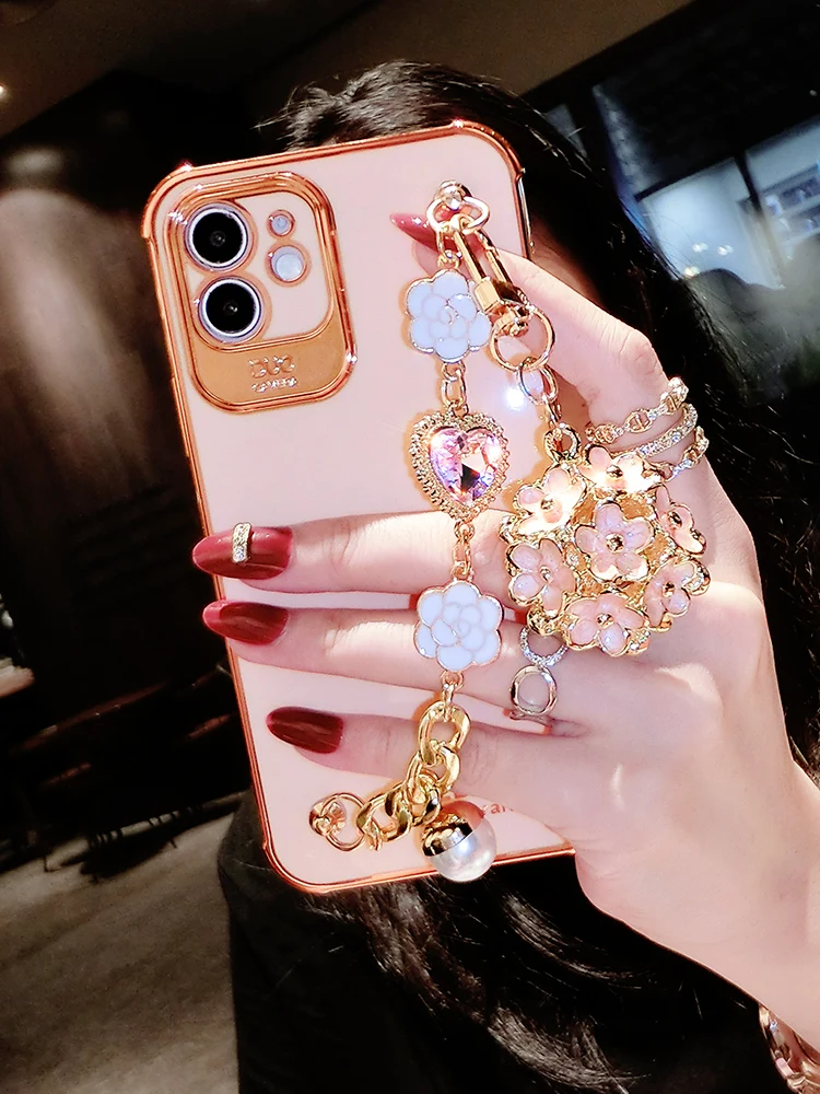 Luxury Plating Glitter Bling Camellia Gem Bracelet Flower Pendant Phone Case For IPhone 12 11 Pro XS MAX XR X 7 8 Plus Cover | Мобильные