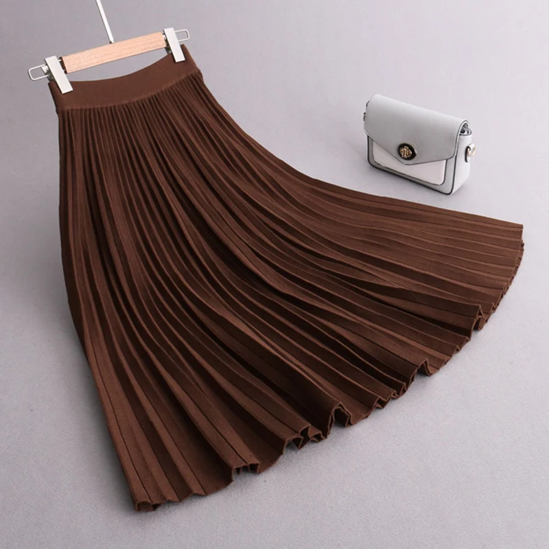 

2020 Spring Autumn High Waist Knitting Women Skirt Solid Color Elastic Waist Pleated Skirt For Female High Quality Saia Faldas