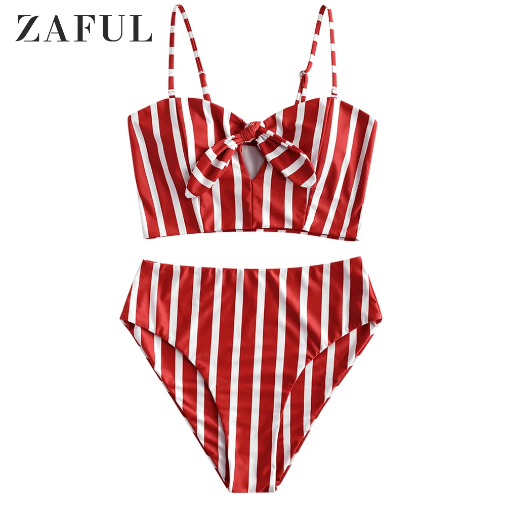 ZAFUL, новинка, Полосатый Танкини с завязками, Замочная скважина, купальник, комплекты бикини, для женщин, бант, две части, на бретелях, для плавания, для девушек, для пляжа, с высокой талией, купальные костюмы