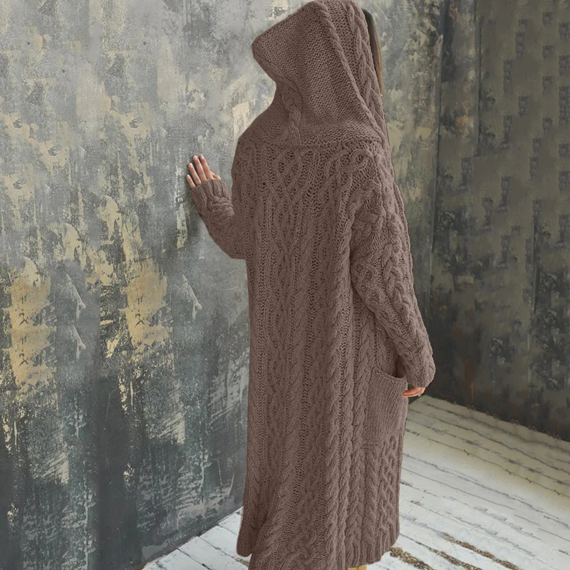 

Loose Elegant Plus Size Ladies Cardigan Sweater Women's Coat Knitted Hooded Warm Solid Color Long Jumper Cardigan Outwear