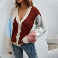 autumn new cardigan knitted sweaters women long sleeve single breasted color patchwork tops female casual sweater outerwear