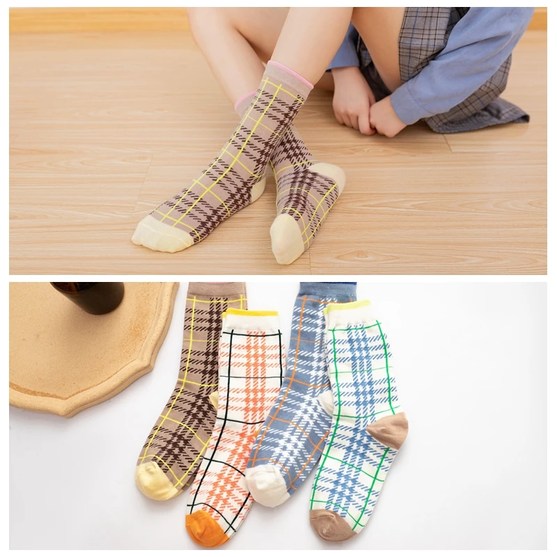 

Осенне-зимние новые цветные клетчатые носки для женщин милый подарок девочке уличные модные хлопковые носки в стиле Харадзюку теплые удобн...