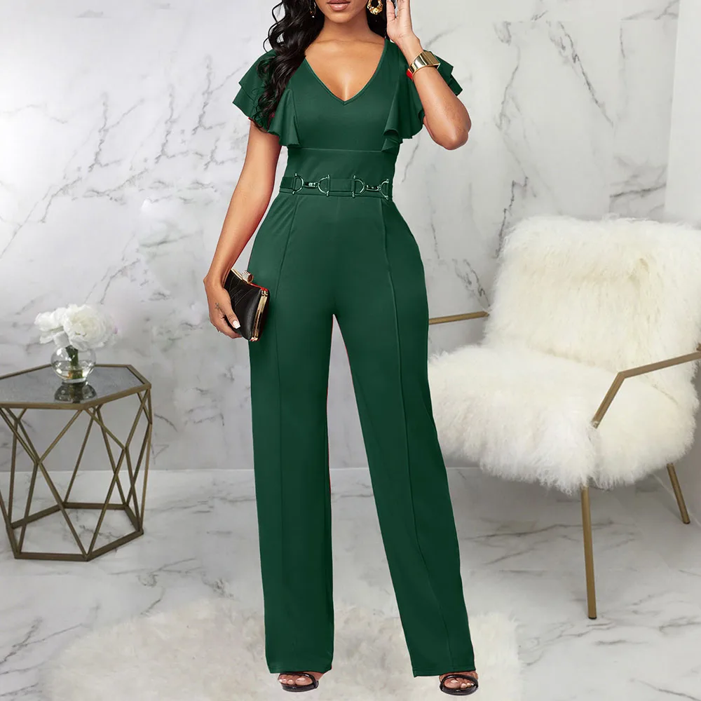 

2021 Sexy Elegant Black Jumpsuits Summer New Plunging Neck Ruffle Collar Temperament V-neck High Waist Popular