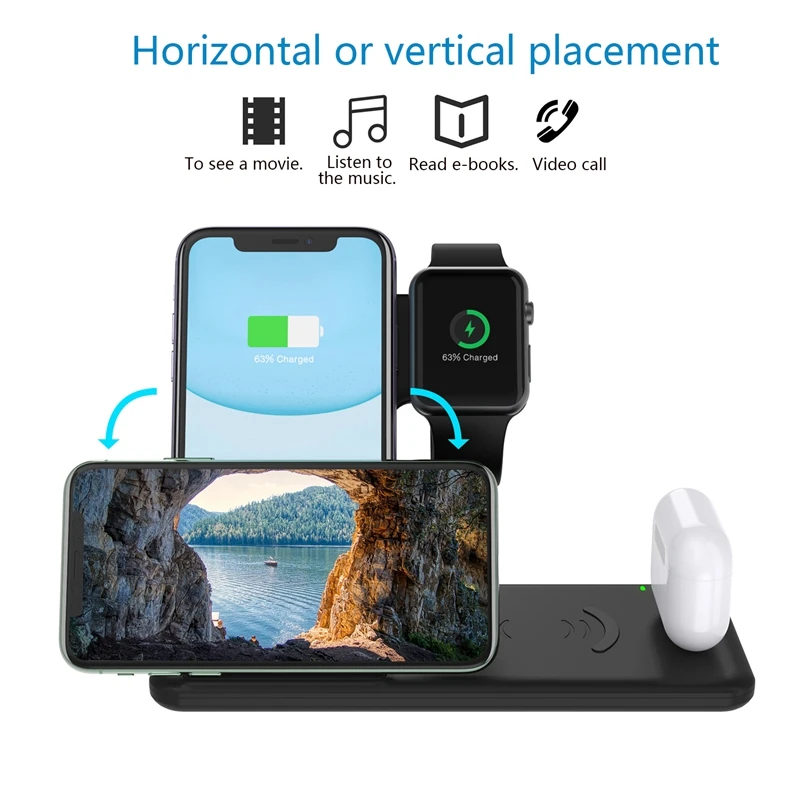 Беспроводная Быстрая зарядка 4 в 1 15 Вт соответствует стандарту Qi подходит для