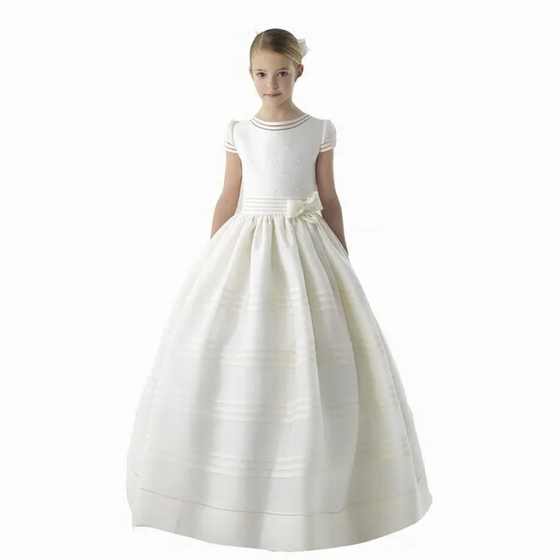 

Cute Ball Gown White First Communion Dresses for Girls Satin Empire Bow Floor Length Flower Girl Dresses for Weddings Birthday