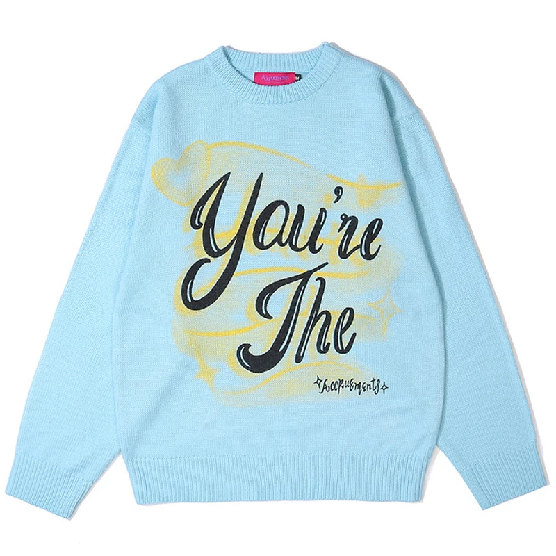 

Mens Harajuku Letter Printed Sweaters Unisex 2021 Winter Oversized Couple Knitted Sweaters Casual Loose Retro Blue Pullover Tops