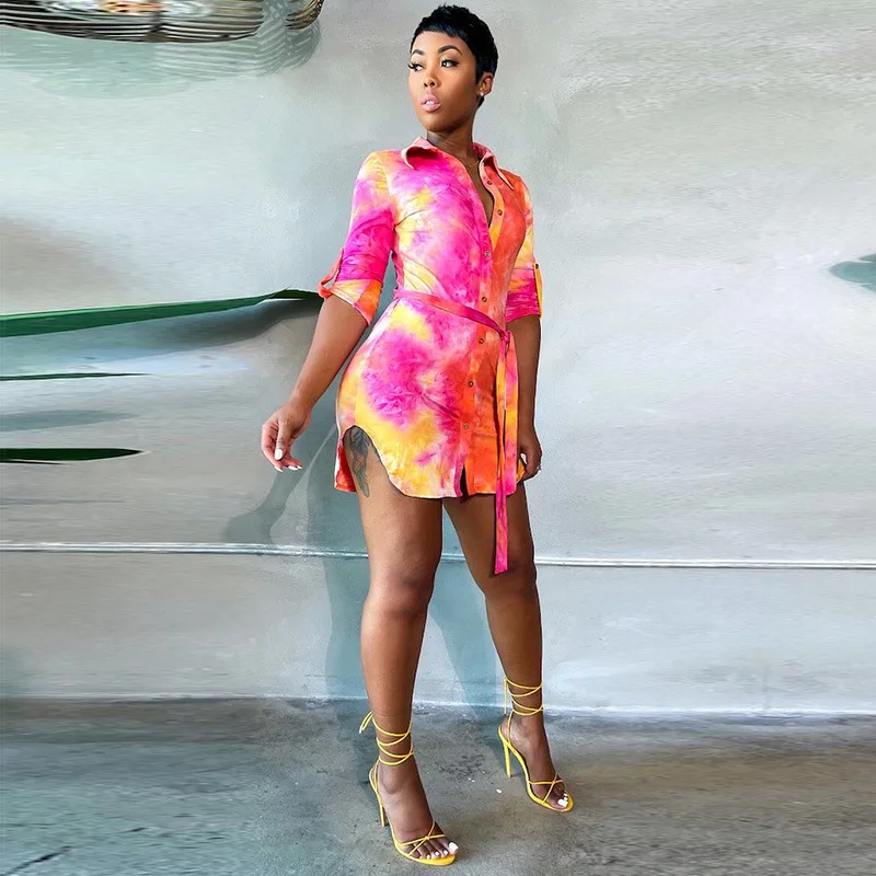 

Fashion Women's Dress New Summer Casual Hot-selling Lapel Single-breasted Tie-dye Printing Lace Long-sleeved Dress Donsignet