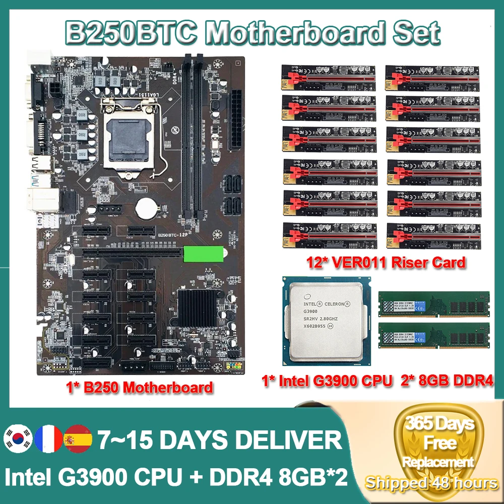 Материнская плата для майнинга B250 поддержка 12 GPU LGA1151 с процессором G3900 PCI-E слот 8