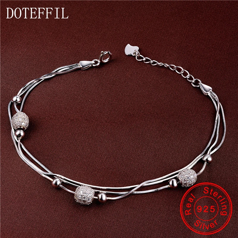 

DOTEFFIL 925 Sterling Silve Three Snake Chain Beads Ball Bracelets For Women Engagement Party Wedding Jewelry