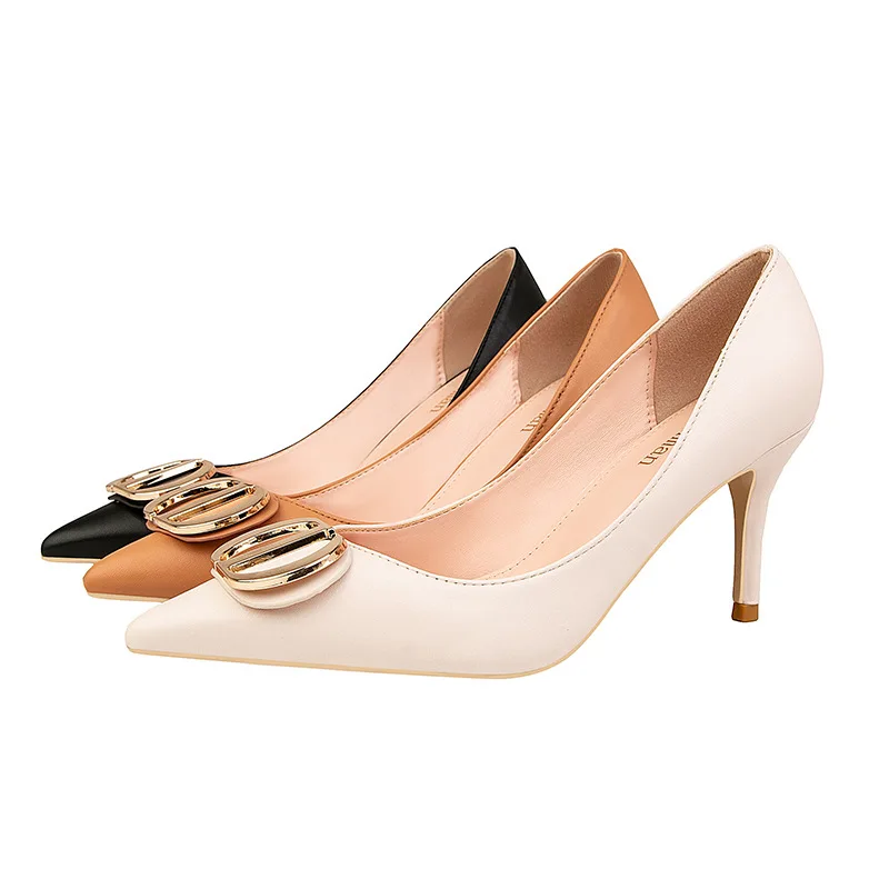 

Metal Decoration Pointed Toe Heels Women Pumps High Quality Fashion Elegant Ladies Dress Shoes For Wedding Party 899-17
