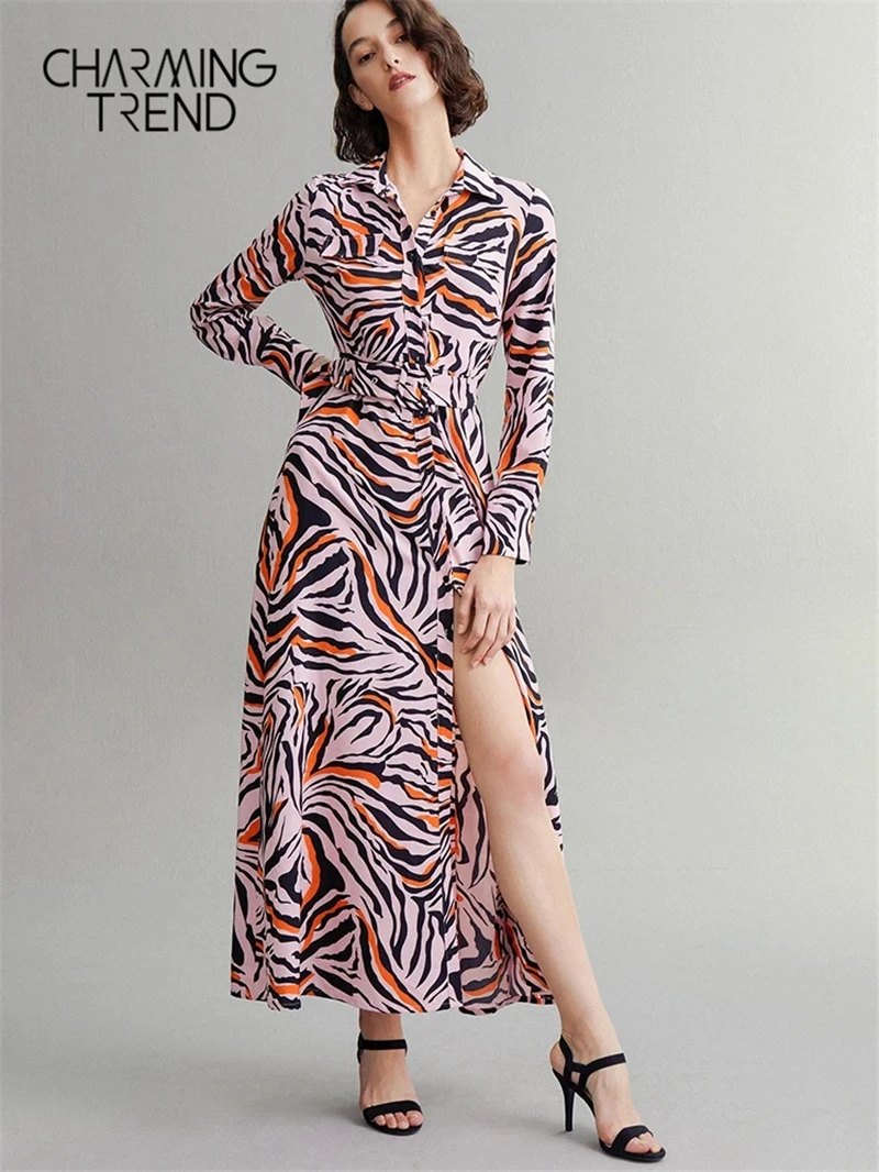 Женское платье макси винтажное с леопардовым принтом и длинным рукавом