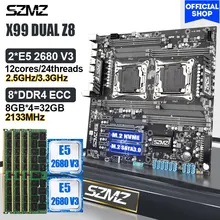 SZMZ X99 Motherboard Set with Dual CPU E5 2680 v3 12 cores 24 Threads and DDR4 4*8GB RAM 2400 MHz NVME M.2 SSD PC Assembly Kit