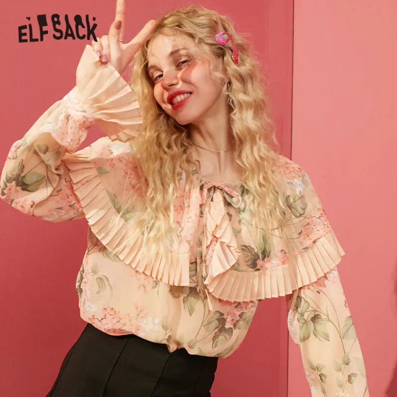 Женская шифоновая блузка ELFSACK розовая с цветочным принтом на шнуровке длинными