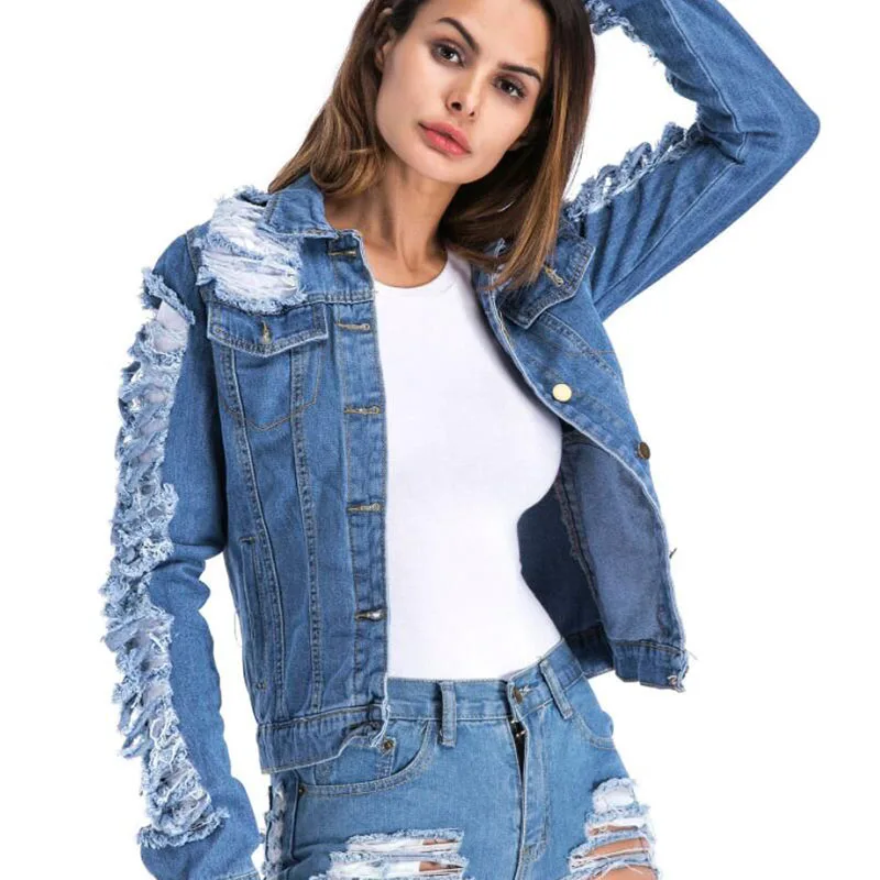 Женская джинсовая куртка большого размера 5XL с отрывными дырками весна осень 2020