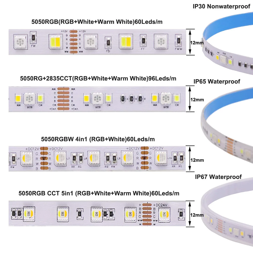 Светодиодная лента RGB CCT 5 цветов в 1 RGBW 4 цвета водонепроницаемая Iight IP30 IP65 IP67 12/24 В