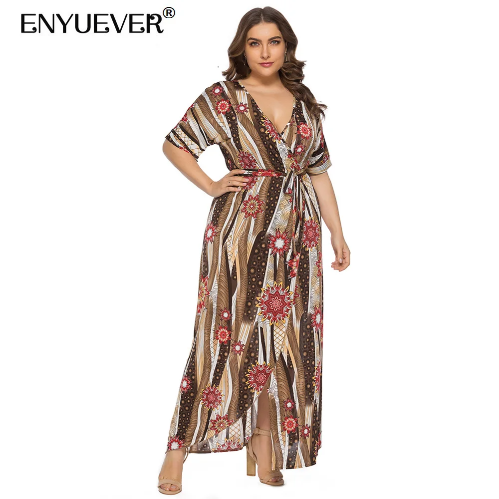 

Enyuever женское платье большого размера 4XL 5XL 6XL летняя одежда в стиле бохо с V-образным вырезом асимметричное длинное богемное Платье макси с коротким рукавом