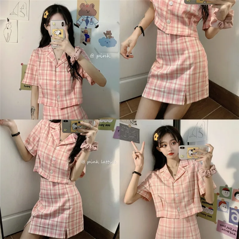 

Women Suits With Skirt Y2K Plaid Mini Skirts Sets Plus Size Sweet School Style Summer Suit For Women 2021 Casual Two Piece Suit