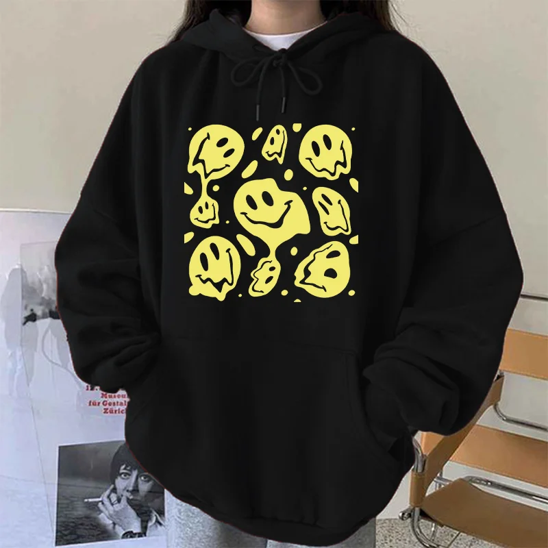 

Seeyoushy Smiley Printing Hoodie Sweatshirts Tops Women Long Sleeve Drop Shoulders Casual Kpop Moletom Oversized Pullover Hoodie