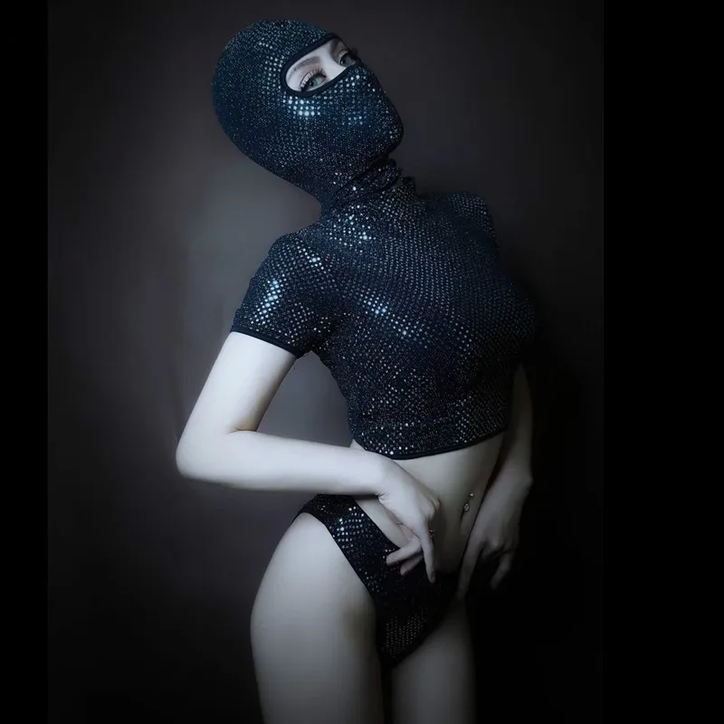 Сексуальный черный укороченный топ шорты головной убор 3 предмета костюм для