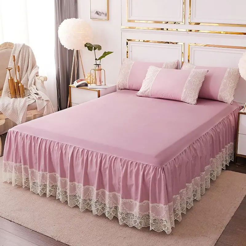 Розовые оборки Корейская кружевная постельная юбка наматрасник комплект для