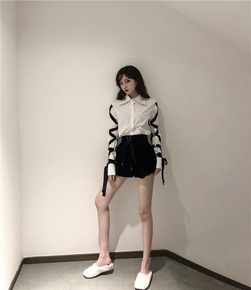 

women's Bandage shirts fashion japanese women white shirt femme bandage tops