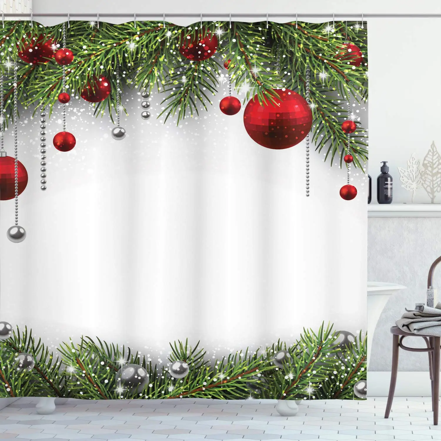 

Рождественская занавеска для душа, набор украшений для ванной комнаты с крючками, шарик в виде листьев сосны, длина 75 дюймов