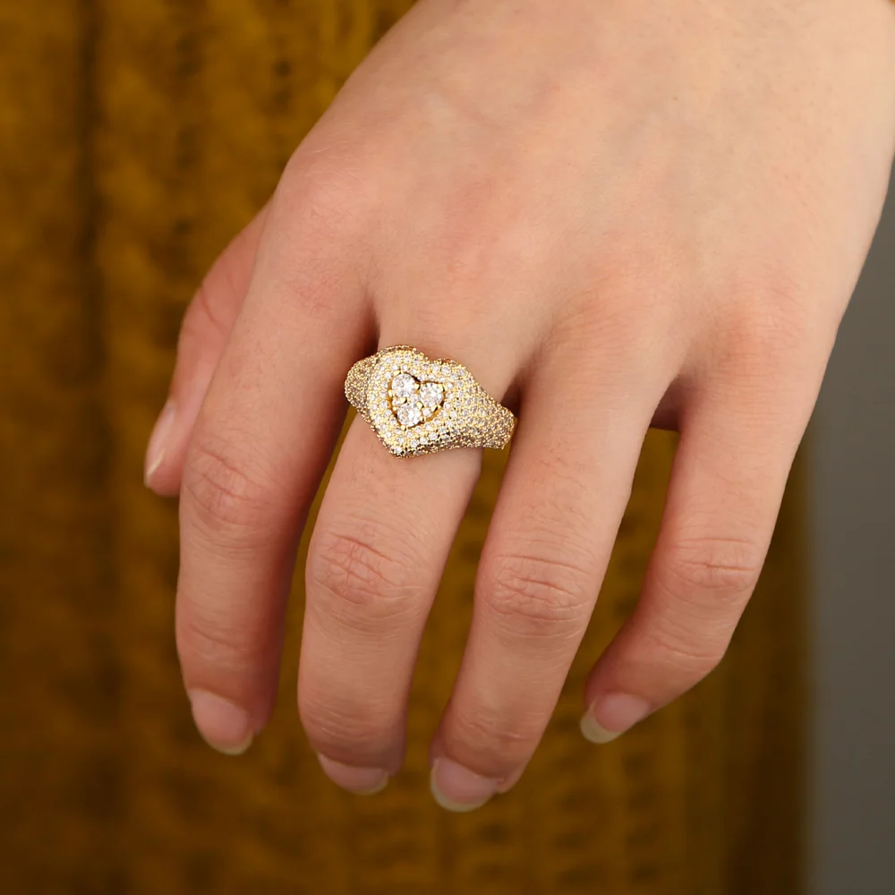 Fashion New Arrival Gold Filled Ring Heart Love Jewelry Hip Hop Brass Clear Zirconia Rings For Men Wedding | Украшения и